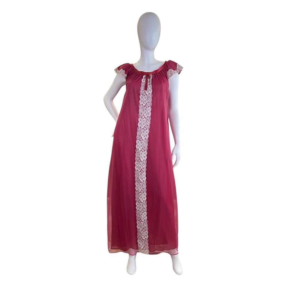 1970s Raspberry Pink Lace Chiffon Nightgown | Vintage Maxi Lingerie